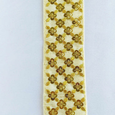 Beige Art Silk Fabric Trim With Gold Embroidery and Gold Sequins, Approx. 55mm Wide - 210119L166